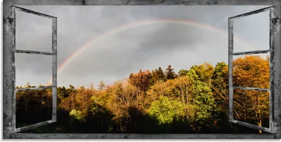 Produktbild von ARTland Glasbild Fensterblick - Regenbogen Größe: 100x50 cm