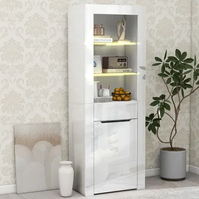 Image de OKWISH Bibliothèque, Vitrine 60 x 35,5 x 165 cm - Étagères et Tiroir - Blanc