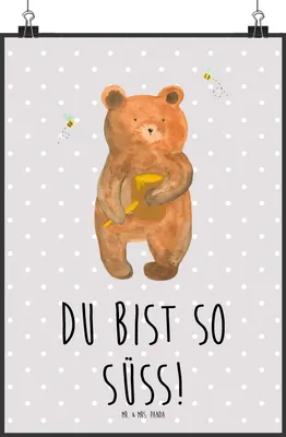 Produktbild von Mr. & Mrs. Panda Bild Bär Honig DIN A2 - Grau Pastell - Geschenk, Teddy, Posterdruck, Plakat, Partner, drucke, wanddeko, Freund, Verliebte, kunstdruck poster, Liebe