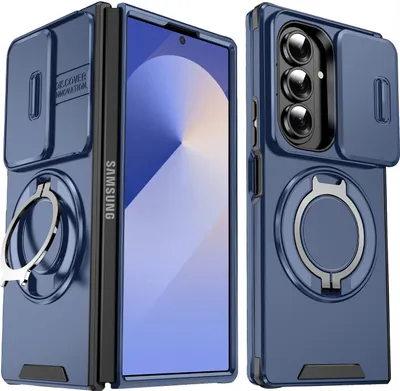 Immagine prodotto di Custodia a doppio strato per Samsung Galaxy Z Fold7, con copertura scorrevole della fotocamera e supporto magnetico ad anello Blu
