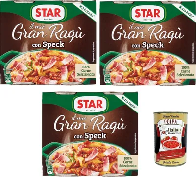Produktbild von Star il mio Gran Ragù con geräucherter Schinken, mit 100% italienischem Fleisch, N.1 in Italien, 3x Packung mit 2 Dosen à 180g + Italian Gourmet polpa 400gr