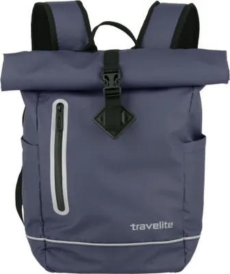 A navy blue roll-top backpack is shown against a white background.