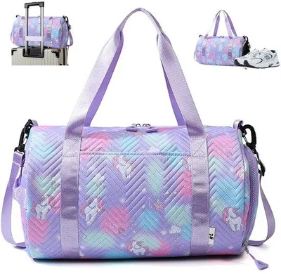 Produktbild von Sporttasche für Mädchen, 25 Liter, ideal als Yogatasche und Reisetasche, Schwimmtasche, wasserdichte Sporttasche, Sportrucksack mit Schuhfach und separatem Fach für nasse Kleidung, ideal für Mädchen, Kinder und Frauen, Farbe: Lila, komfortabel