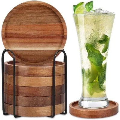 Imagen del producto de Juego de 6 posavasos redondos de madera de acacia natural con soporte de hierro, para proteger las mesas