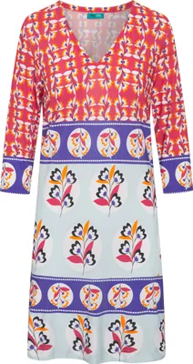 Produktbild von Firenze Sommerkleid aus leicht fallendem Stoff mit buntem Druckmuster und 3/4-Ärmeln