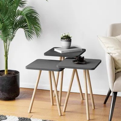 Produktbild von Carenza Home 3er Beistelltisch Set Anthrazit Massivholzbeine Satztisch Sofatisch Couchtisch Skandinavisch 7 Farben