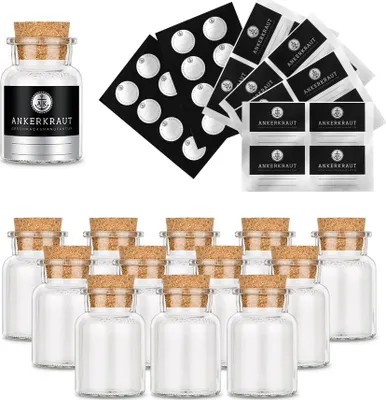 Produktbild von Leeres Korkenglas, klein mit Etiketten und Deckelsiegel 12 Stück
