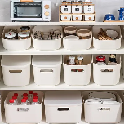 Produktbild von Aufbewahrungsbox mit Deckel, 6 Stück Kunststoffboxen mit Griff, vielseitige Aufbewahrungskörbe, Organisationsboxen, Badezimmerorganisator, Aufbewahrungsbox für Küche, Bad, Büroregal (6 Stück: 2S+2M+2L)