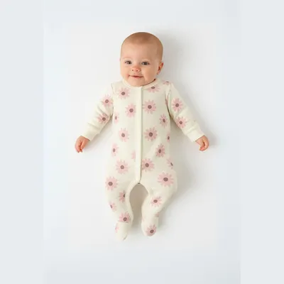 Produktbild von Minoti Strampler 100% Baumwolle Rosa mit Blumendruck für Mädchen - Baby Langarm Schlafanzug mit Druckknöpfen