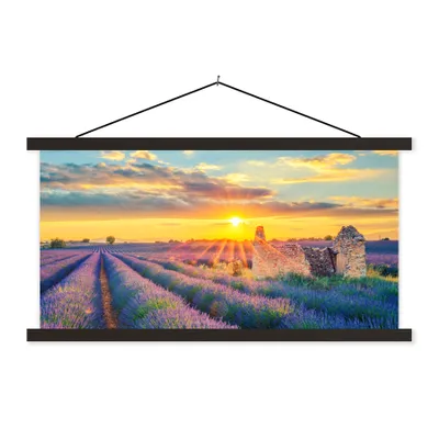 Produktbild von MuchoWow® Textilposter Lavendel - Sonnenuntergang - Ruine - Lila 90x45 cm mit schwarzem Rahmen - Klemmleisten