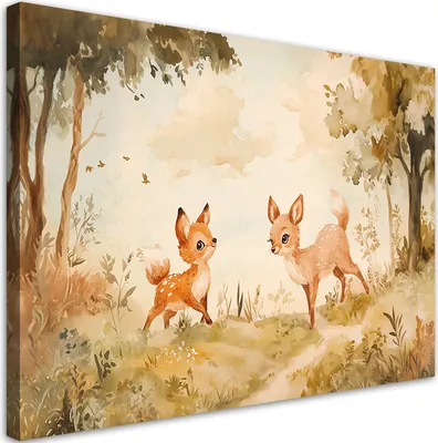 Produktbild von Leinwandbild für Kinderzimmer Reh Tiere im Wald Beige 100x70 Feeby Beige bild für die wand bereit zum aufhängen