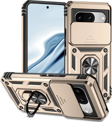 Image de Étui pour Google Pixel 8 étui double couche avec couvercle coulissant pour l'appareil photo et support annulaire Or