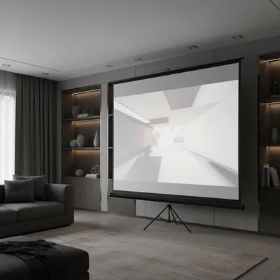 A modern living room set up as a home theater with a projector screen.