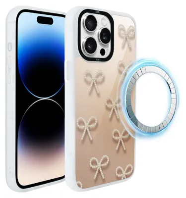 Zdjęcie produktu dla Etui do iPhone 14 Pro, kompatybilne z MagSafe, białe matowe boki, kokardki z pereł