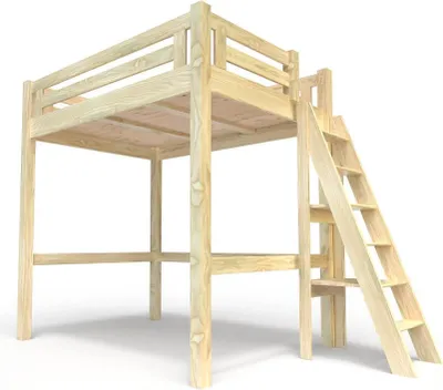 Produktbild von Hochbett 140x200 aus Holz + verstellbare Leiter Alpage - Naturlack