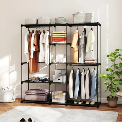 Image de Armoire - Porte-vêtements autoportant - Rangement ouvert de grande capacité - Étagère à chaussures - Structure métallique - Capacité de charge : 120 kg - Dimensions : 182 × 43 × 185 cm