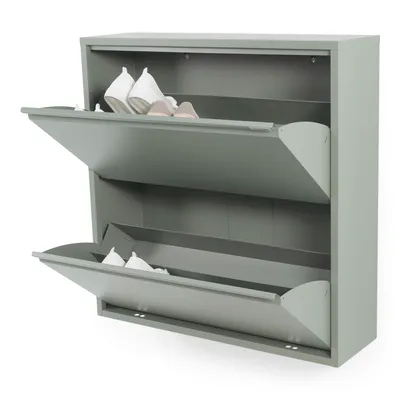 A gray shoe cabinet with two open compartments, each containing shoes.