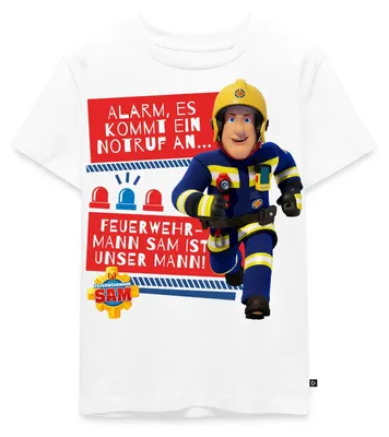 Produktbild von Spreadshirt Feuerwehrmann Sam™ Mit Text Vom Intro-Song Kinder Premium T-Shirt, 122/128 (6 Jahre), Weiß