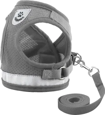 Produktbild von Hundegeschirr Haustier Softgeschirr Reflektierend Brustgurt Hundeweste mit Leine, Grau, L