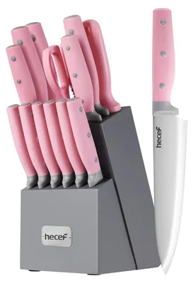 Produktbild von Messerset Messerblock Küchenmesser - 14-teilig - Edelstahl - Rosa Griffe - Mit Schärfstab und Küchenschere