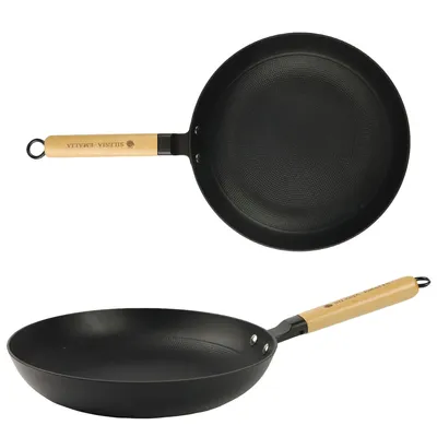 Two views of a black cast iron frying pan with a wooden handle, presented on a white background.