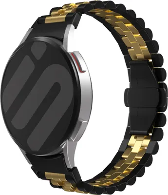 Produktbild von Strap-it Jubilee-Armband aus Stahl – speziell für Samsung Galaxy Watch 7 (40 & 44 mm) / Watch 6 (Classic) / Watch 5 (Pro) / Watch 4 (Classic) / Watch FE – Edelstahl-Metallgliederarmband – Schwarz/Gold