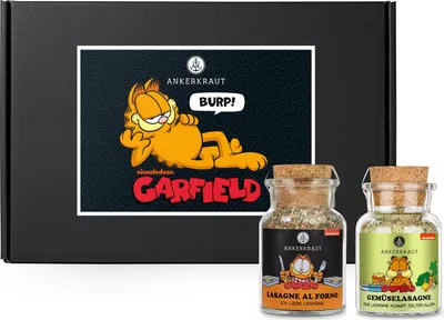 A Garfield-themed gift box containing two spice jars.