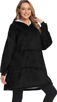Produktbild von Kuschelige Hoodie Decke mit Ärmeln - Vielseitiger Deckenpullover - für Damen und Herren - Schwarz - Übergröße - Waschbar - Kuscheldecke