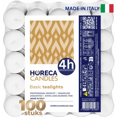 Productafbeelding van HORECA CANDLES Theelichtjes 100 stuks, wit, 4 uur brandduur, ongeparfumeerd