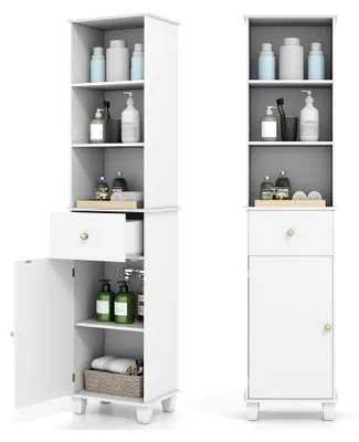 Produktbild von Schmaler Badezimmerschrank, Hochschrank mit 3 offenen Regalen, Schublade, Tür und verstellbarem Regal, Aufbewahrungsschrank aus Holz für Badezimmer, Wohnzimmer und Küche (Weiß)
