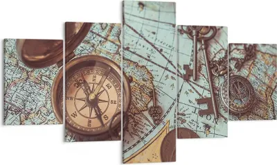 Produktbild von Bild auf Leinwand - Leinwandbild - 5 Teile - Kompass Vintage Karte - 125x70cm - Wand Bild - Wanddeko - Wandbilder - Leinwanddruck - Bilder - Wanddekoration - Leinwand bilder - Wandbild - EA125x70-4302
