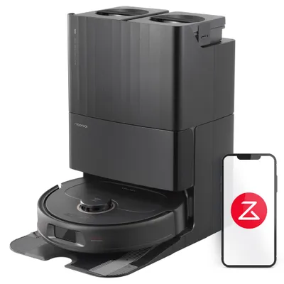 A black robot vacuum cleaner and its docking station are shown against a white background, with a smartphone displaying a logo to the right.