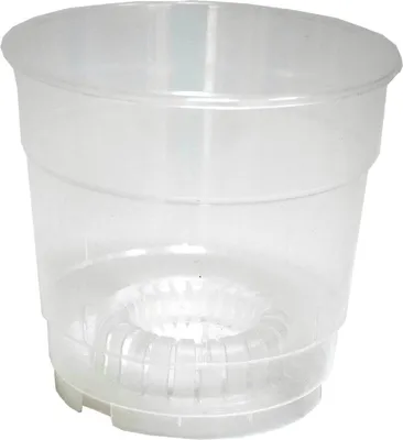 A clear plastic orchid pot with a ribbed base and drainage.