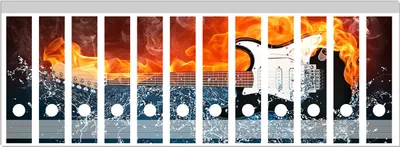 Produktbild von Wallario Ordnerrücken Sticker, selbstklebend für breite Ordner, 12 Stück, Motiv Feuer-Wasser-Gitarre