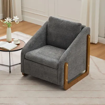 Produktbild von okwish Sessel, Relaxsessel Loungesessel, Esszimmerstuhl mit Armlehne aus Holz, Wohnzimmerstuhl mit Rückenkissen, Chenillestoff,Grau