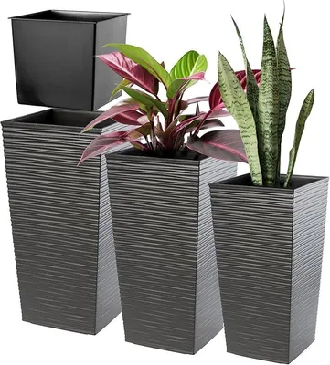 Produktbild von 3er Set Pflanzkübel mit Innentopf 36/46,5/57,5 cm Höhe, Grafit – wetterfeste & robuste Blumenkübel aus Kunststoff, Blumentöpfe für Innen- & Außenbereich