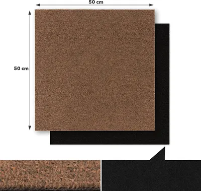 A square brown carpet tile is shown with dimensions indicated. A black carpet tile is partially visible underneath.
