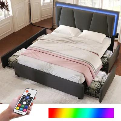 A bed with drawers and LED lighting in a bedroom setting.