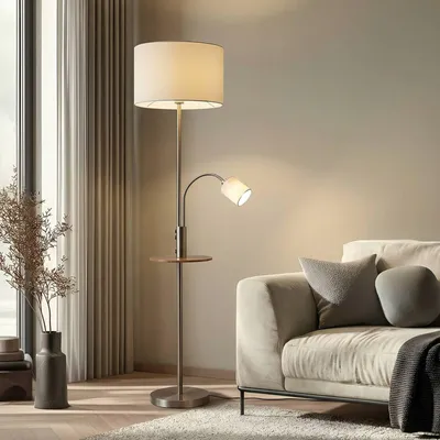 Produktbild von Lindby Stehlampe Aovan, nickelfarben, Ablage, USB-Anschluss
