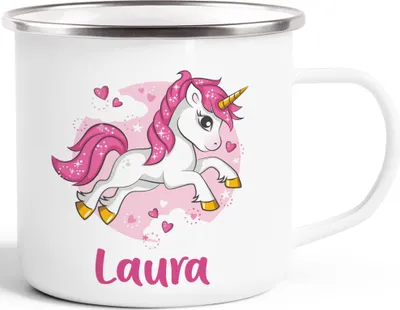 Produktbild von Emaille Tasse Becher Einhorn mit Namen Kaffeetasse SpecialMe® weiß-metall Emailletasse
