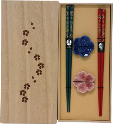 Essstäbchen-Set mit Blumenmotiv in Holzbox, 1 Set