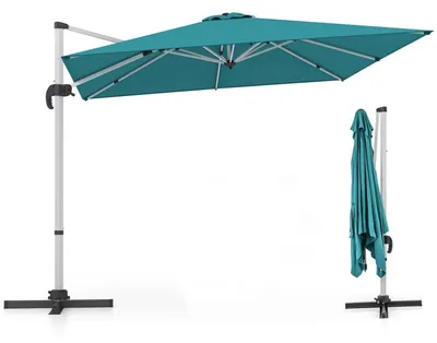 Zdjęcie produktu dla Kwadratowy parasol do ogrodu, 300x300 cm, obrotowy, z podstawą i krzyżakiem, kolor niebieski, wykonany z żelaza i aluminium