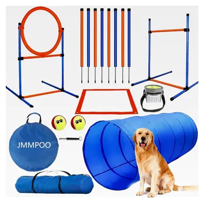 Produktbild von Agility Set für Hunde, 65-teiliges Agility Zubehör für Hundetraining mit Hundetunnel, Hürden, 8 Slalomstangen, Sprungring, 2 Tennisballspielzeugen, Pausenbox, Leckerlibeutel, Tragetasche