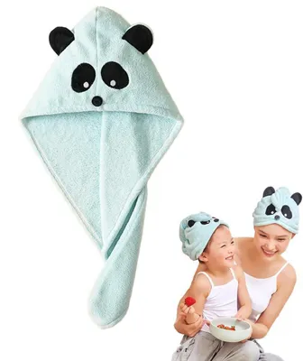 Produktbild von Kinder Mikrofaser Haarturban Schnelltrocknend mit Knopf Blau Panda 19x56cm