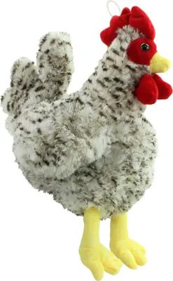 A plush toy chicken against a white background.