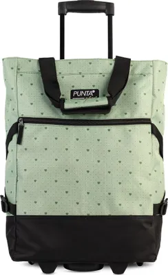 A shopping roller bag with a heart pattern.