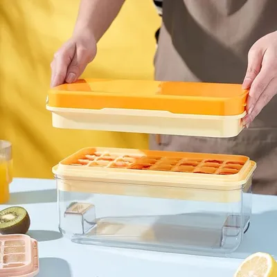 Produktbild von Eisaufbewahrungsbox, Eiswürfelschalen-Set mit 64 Fächern, mit Eisschaufel, Schale, Eiswürfelformen, (Orange)