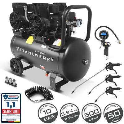 Produktbild von STAHLWERK Kompressor 50 L Tank (ST-510 Pro) mit Zubehör – ölfrei, 10 bar, Silent-Druckluftkompressor mit Brushless-Motoren, 3,94 PS, 2,9 kW, 500 l/min