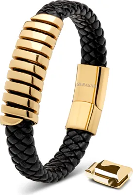 Produktbild von SERASAR | Lederarmband für Männer [Helix] mit Gold Stainless Steel | Farbe: Gold | Länge: 23cm