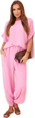 Immagine prodotto di Set da donna rosa chiaro in viscosa - camicetta a maniche corte e pantaloni